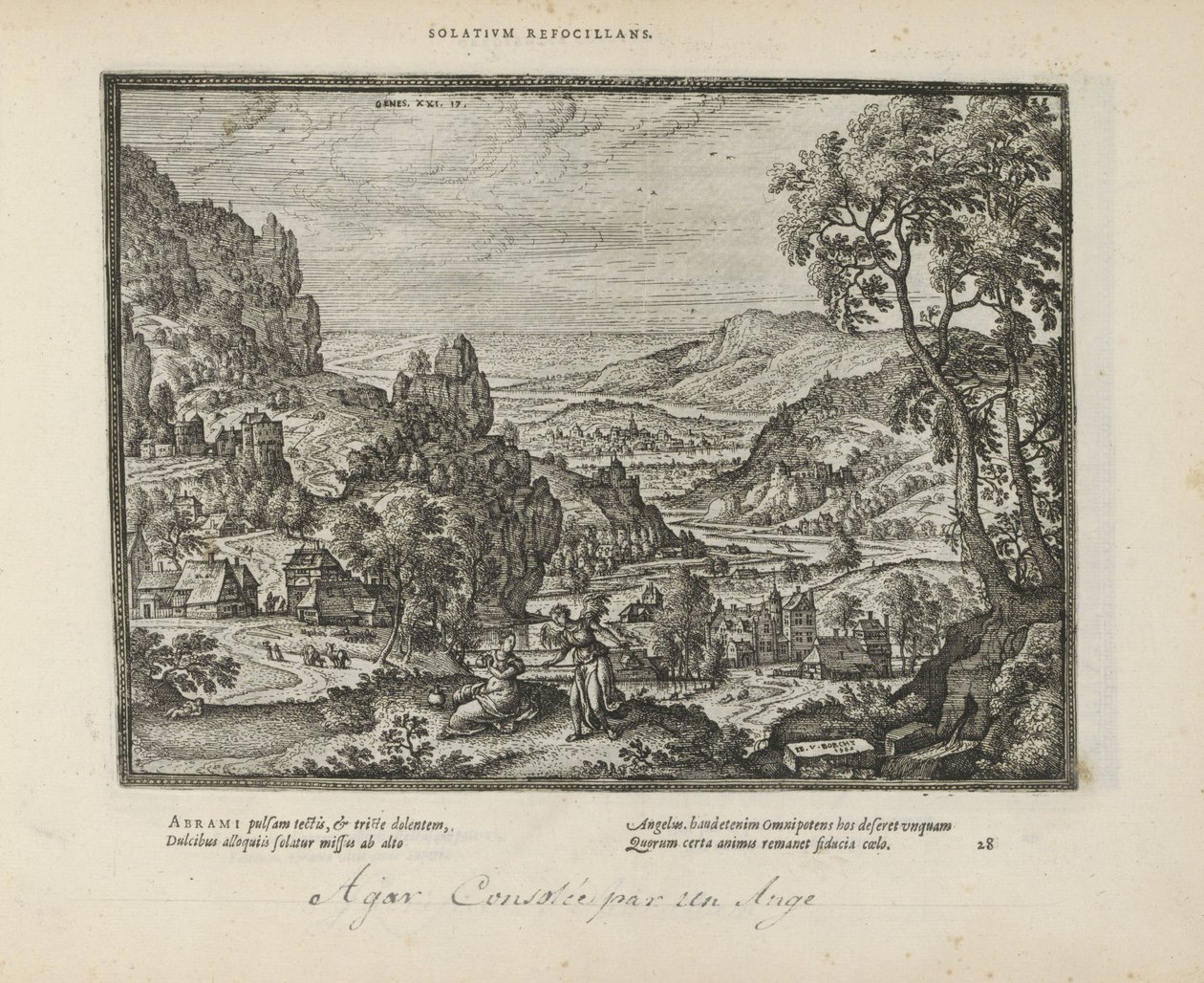 Landschap met Hagar en de engel Trøst ilden (titel på objekt) De hellige emblemer og begge testamenters hovedhistorier (Oude Testamente) (serietitel) Billeder og figurer af bøger (serietitel) af Pieter van der Borcht (I)