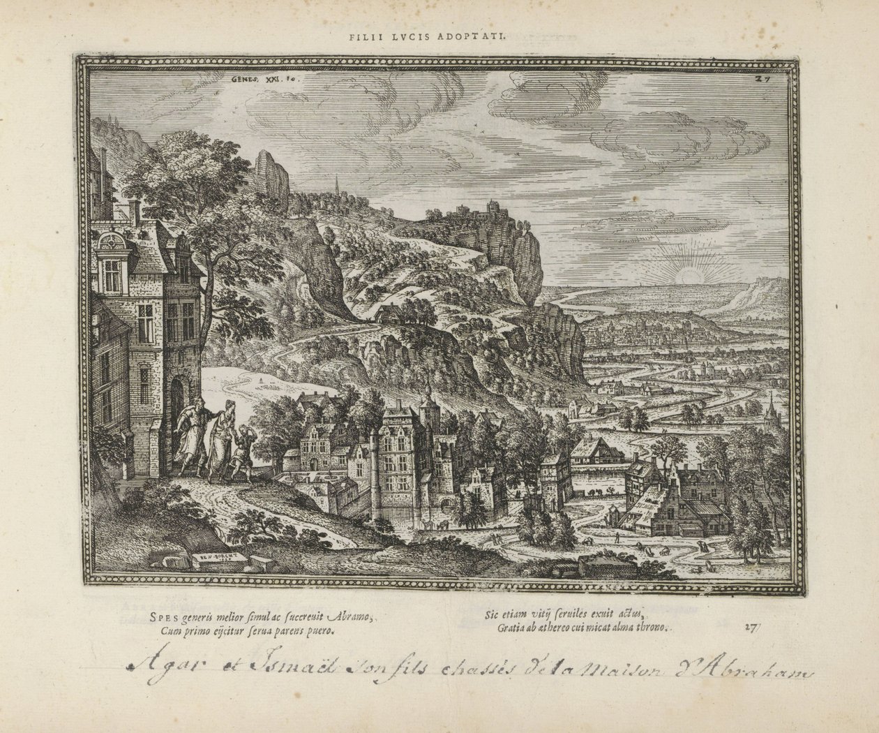 Landschap met de verdrijving van Hagar en Ismaël af Abraham Adopterede sønner af lucus (titel på objekt) De hellige emblemer og begge testamenters hovedhistorier (Oude Testamente) (serietitel) Billeder og figurer af bøger (serietitel) af Pieter van der Borcht (I)