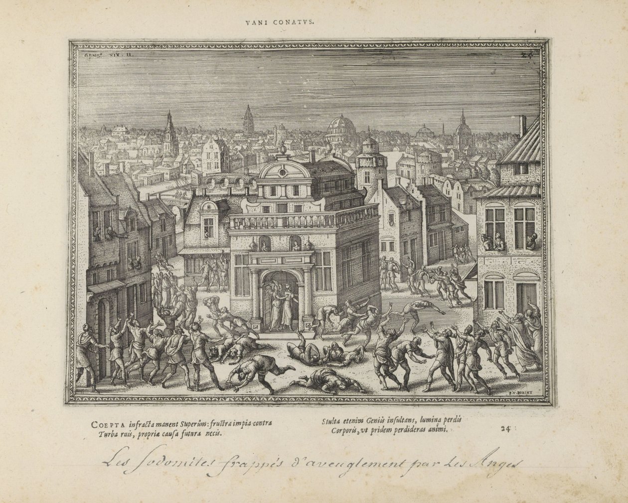 Mannen van Sodom met blindheid slagen (titel på objekt) De hellige emblemer og begge testamenters hovedhistorier (Oude Testamente) (serietitel) Billeder og figurer af bøger (serietitel) af Pieter van der Borcht (I)