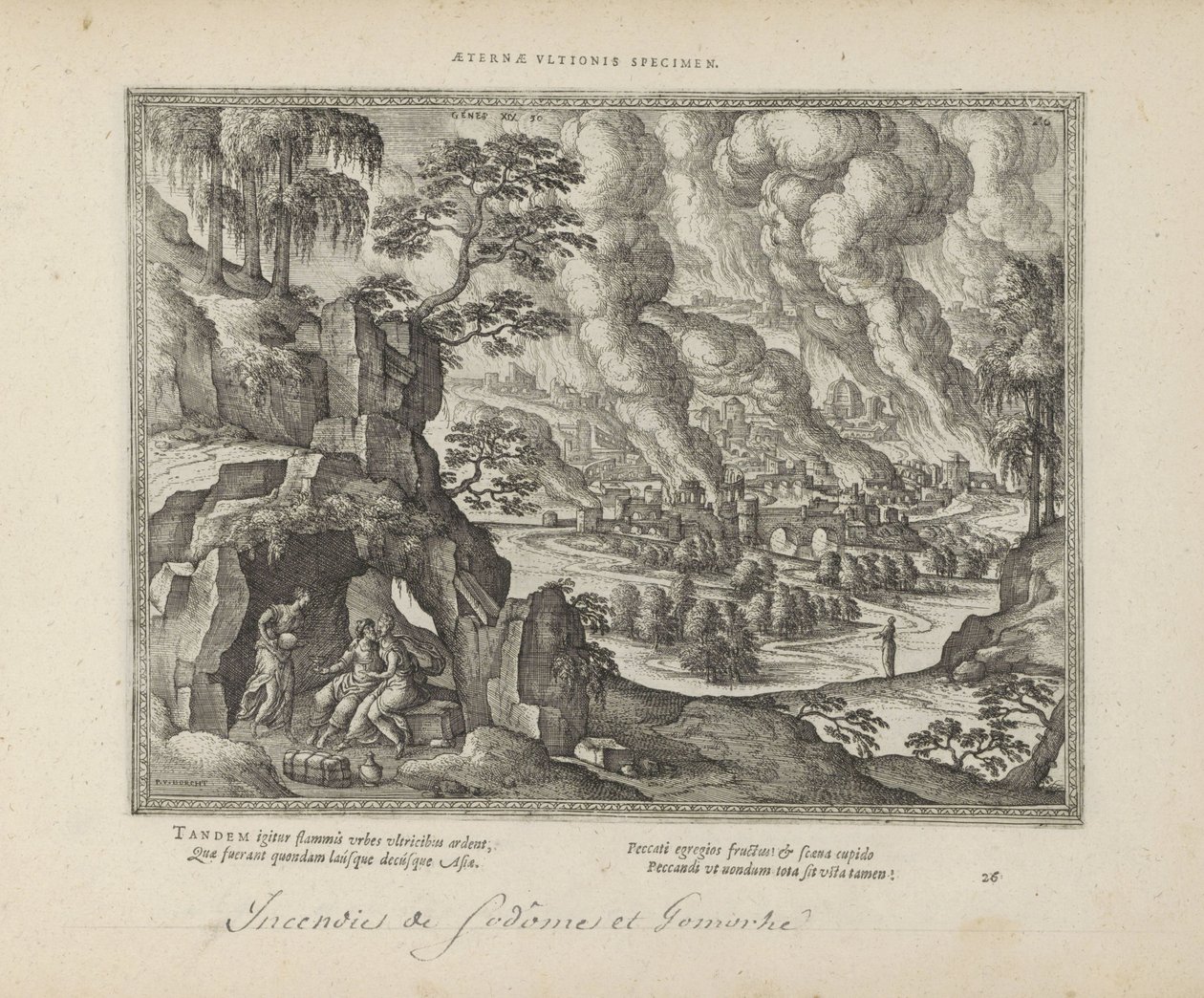 Vernietiging van Sodom en Gomorra / Lot en zijn datters Eternal monument of retfærdighed (titel på objekt) De hellige emblemer og begge testamenters hovedhistorier (Oude Testamente) (serietitel) Billeder og figurer af bøger (serietitel) af Pieter van der Borcht (I)