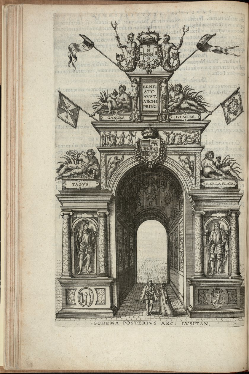 Floderne Tejo, Plata, Ganges og Hydaspes. Bagsiden af den portugisiske triumfbue, Ernst, ærkehertug af Østrigs indtog i Antwerpen, udgivet 1595 (gravering) af Pieter van der Borcht
