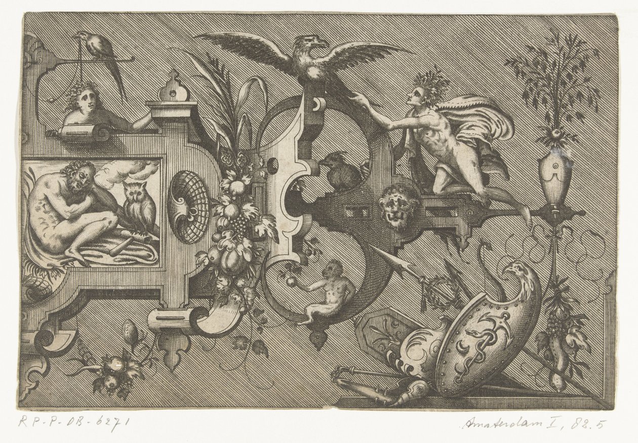 Højre halvdel af en stor kartouche, der forestiller natten Compertimenta pictoriis flosculis manubiisque... (serietitel) af Pieter van der Heyden