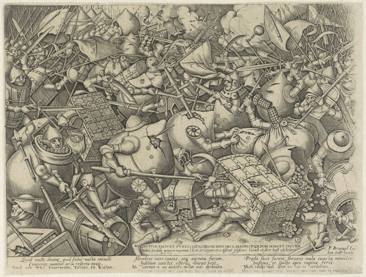 Kamp mellem pengesækkene og pengekisterne Divitiae faciunt fures / Les Richesses font des larrons / Ryckdom maeckt tyve (titel på objekt) af Pieter van der Heyden