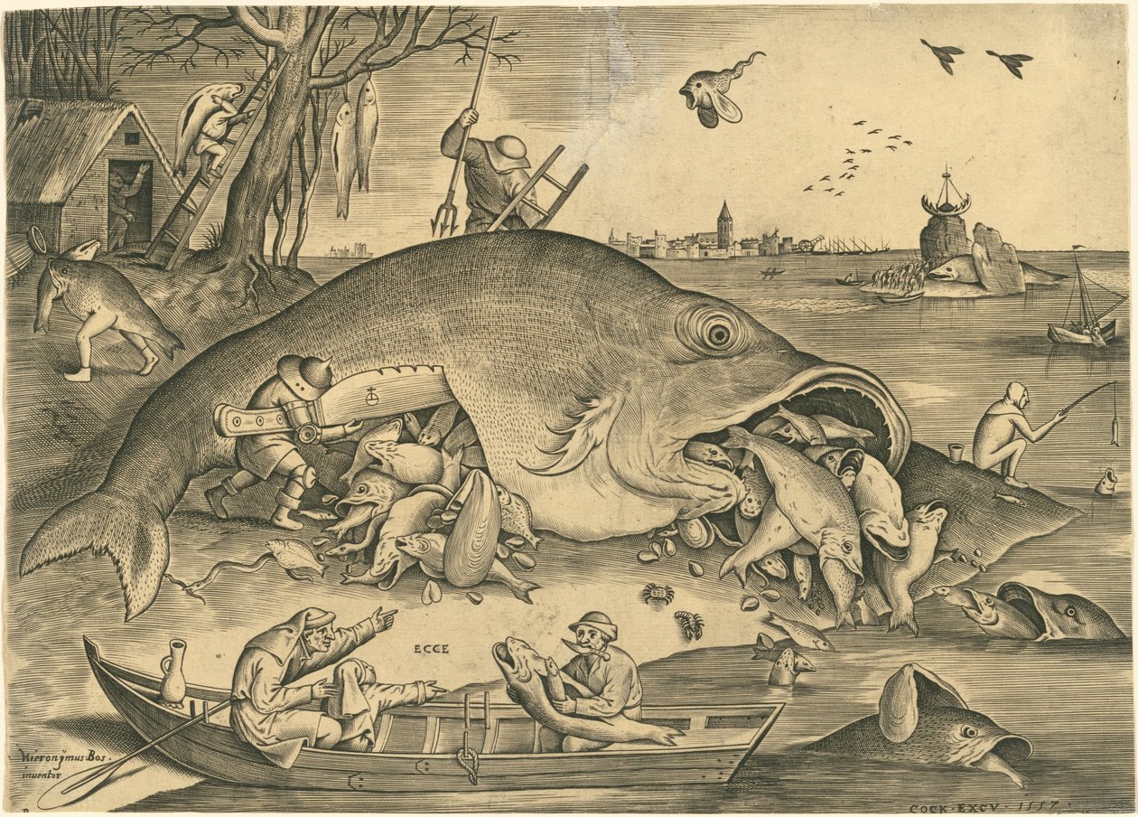 Den store fisk spiser den lille fisk af Pieter van der Heyden after Pieter Bruegel the Elder