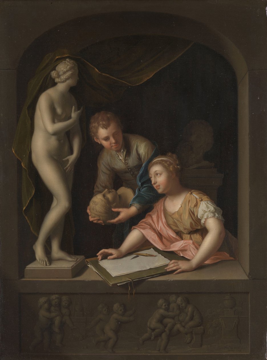 En pigetegning og en dreng nær en statue af Venus En statue af Venus, med en pigetegning og en dreng af Pieter van der Werff