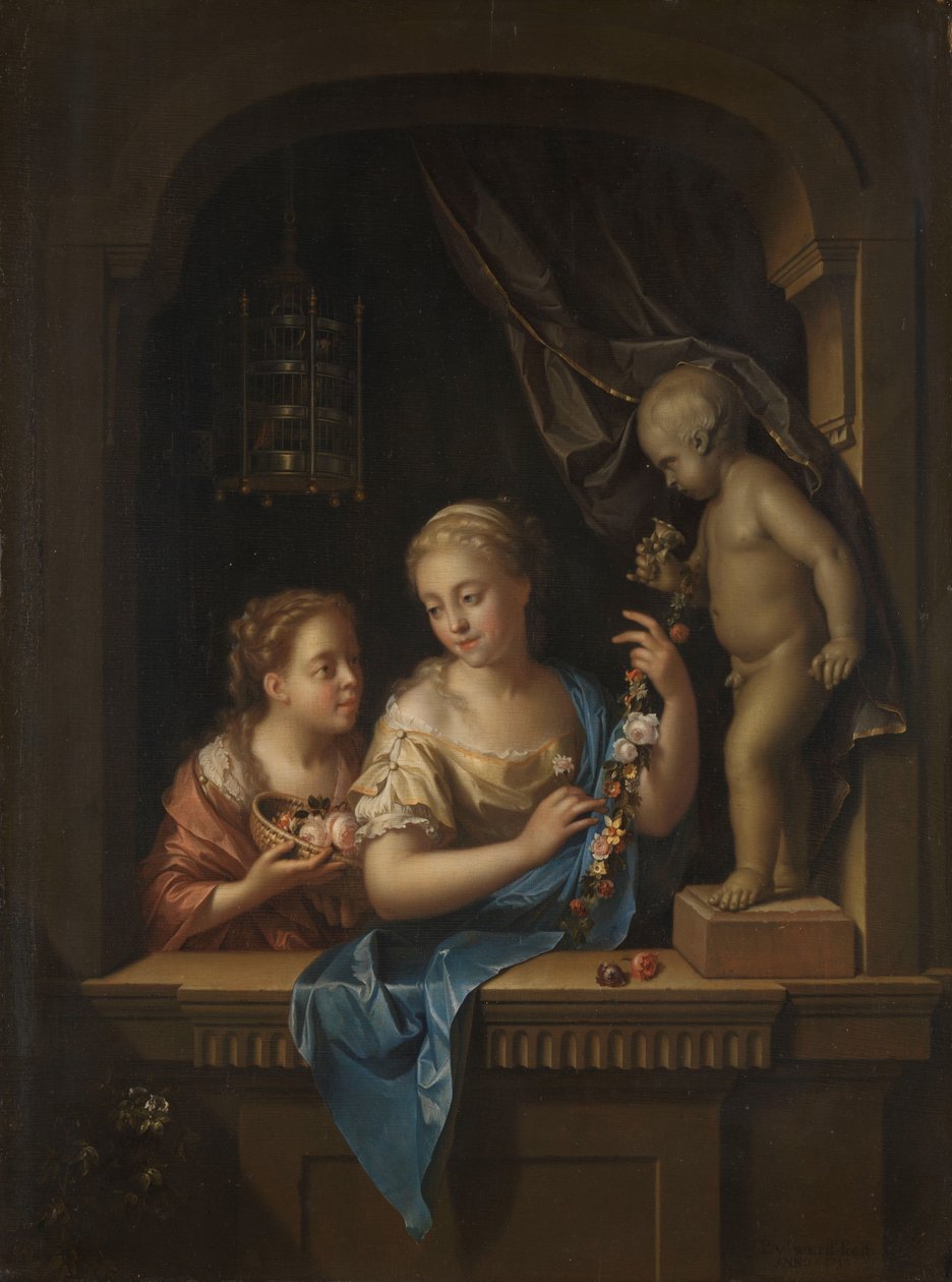 To piger med blomster ved en statue af amor To piger med blomster nær en statue af Amor af Pieter van der Werff