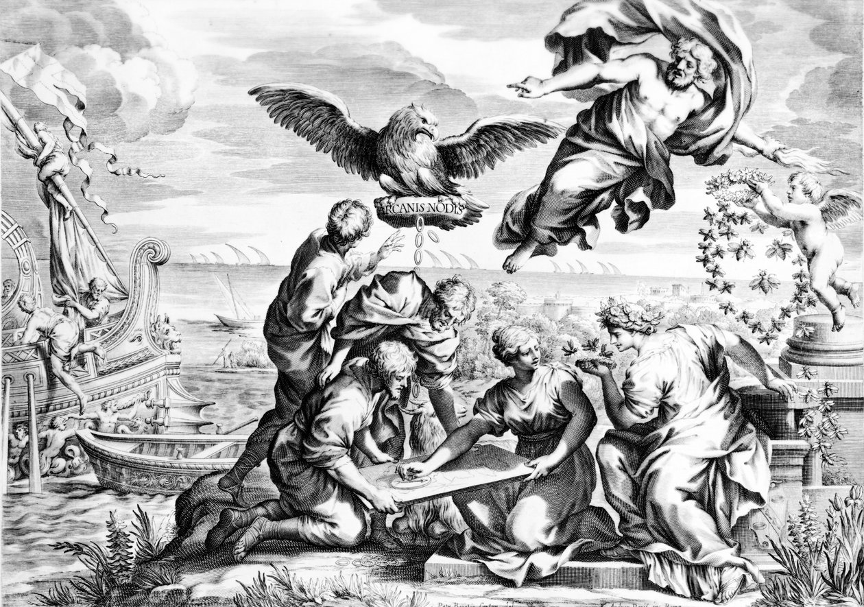Allegori over Barberini-familien, tryk udført af Karl Audran ca.1623-40 af Pietro da Cortona