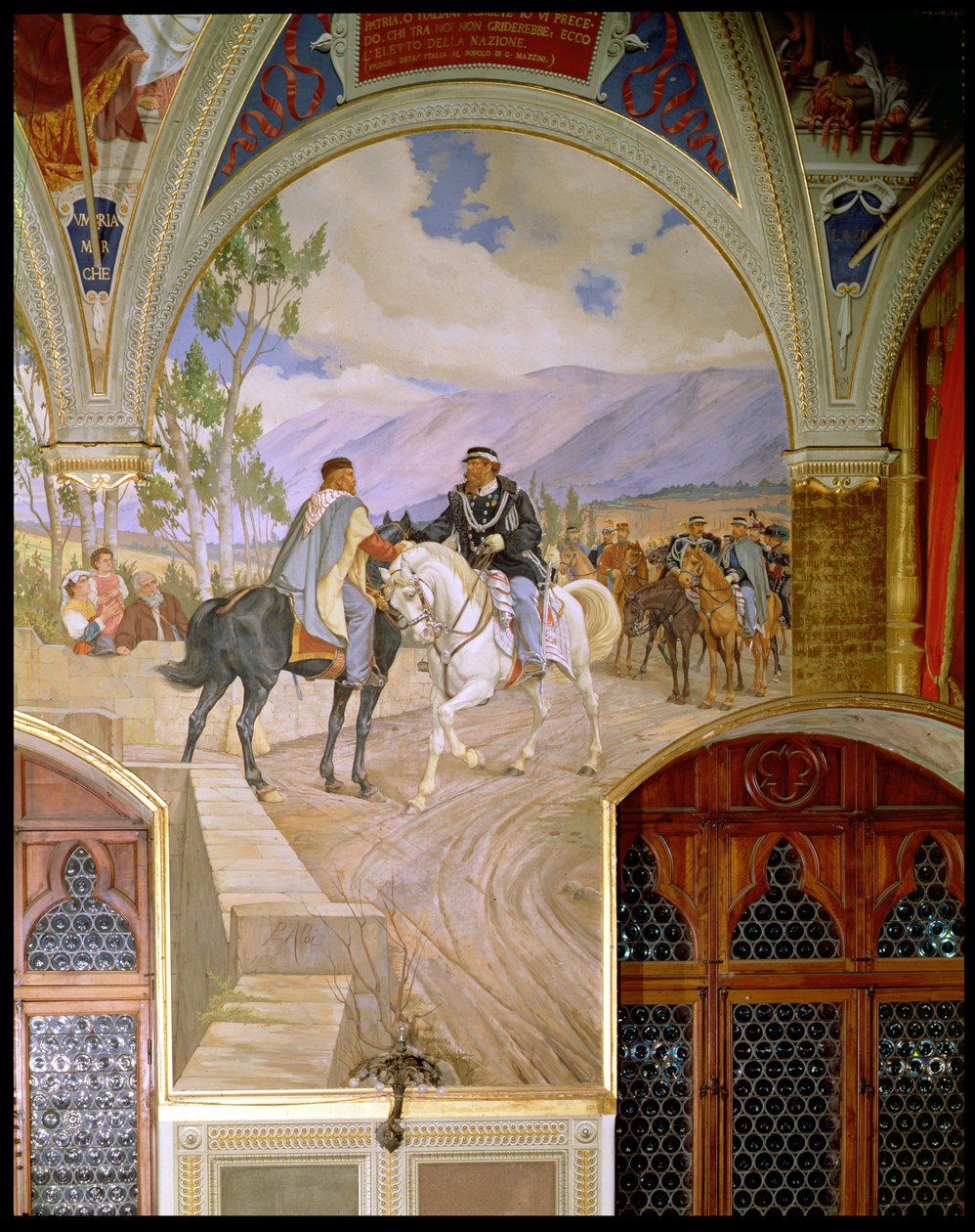 Mødet mellem Giuseppe Garibaldi (1807-82) og kong Vittorio Emanuele II (1820-78) den 26. oktober 1860 i Teano, Italien, 1886 af Pietro Aldi