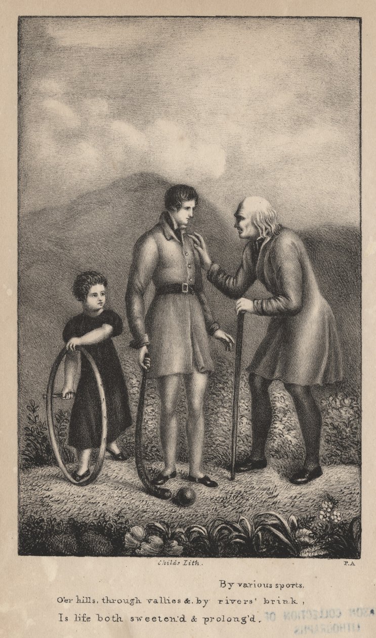 Ved forskellige sportsgrene, over bakkerne, gennem dalene og ved floder, er livet både sødet og forlænget, litho af C.G. Børn af Pietro Ancora