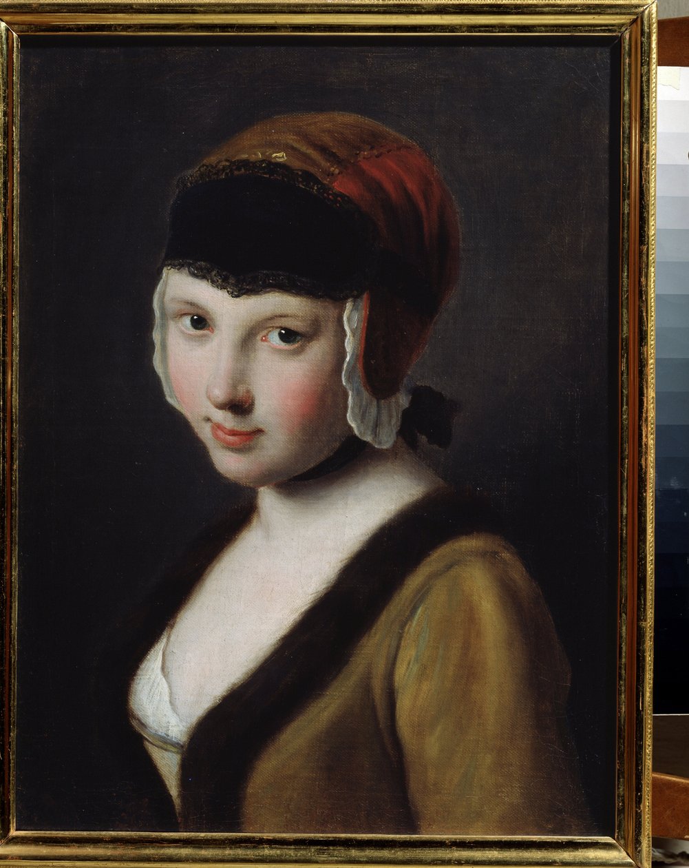 En pige med en sort maske af Pietro Antonio Rotari