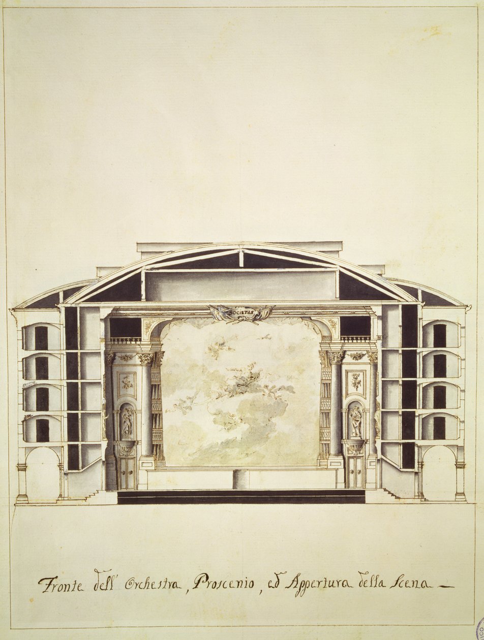 Tværsnitsbillede af et teater ved Canal Grande, der viser scenen og orkestret, 1787 af Pietro Bianchi