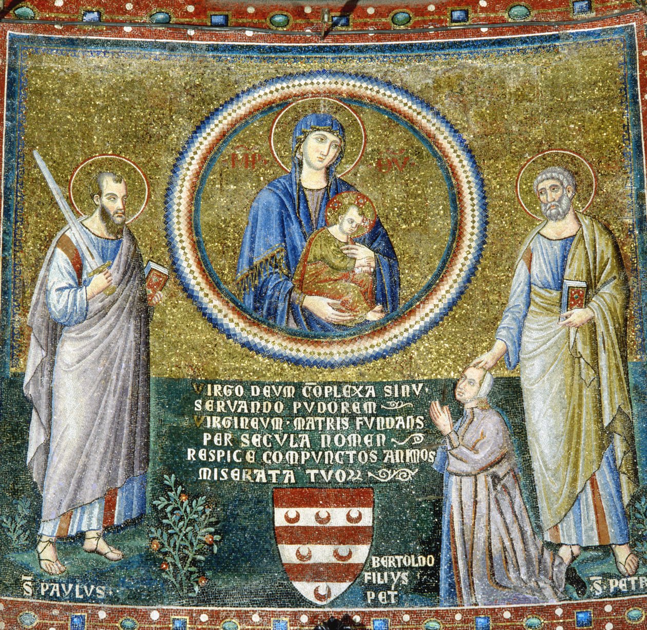 Madonna og barn mellem de hellige Peter og Paul med protektor Stefaneschi (mosaik) af Pietro Cavallini