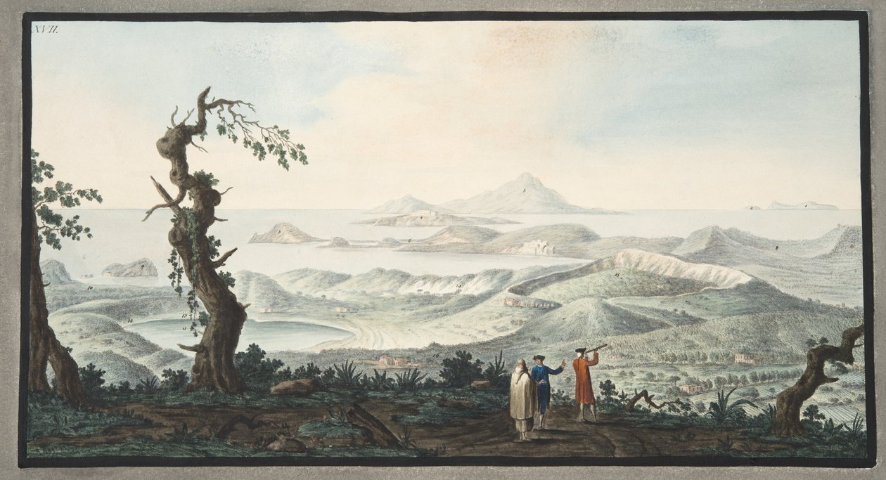 Et fugleperspektiv fra Camalpoli-klosteret, plade XVII, fra "Campi Phlegraei: Observations on the Volcanoes of the Two Sicilies", af Sir William Hamilton (1730-1803), udgivet i 1776 (håndkøbt). af Pietro Fabris