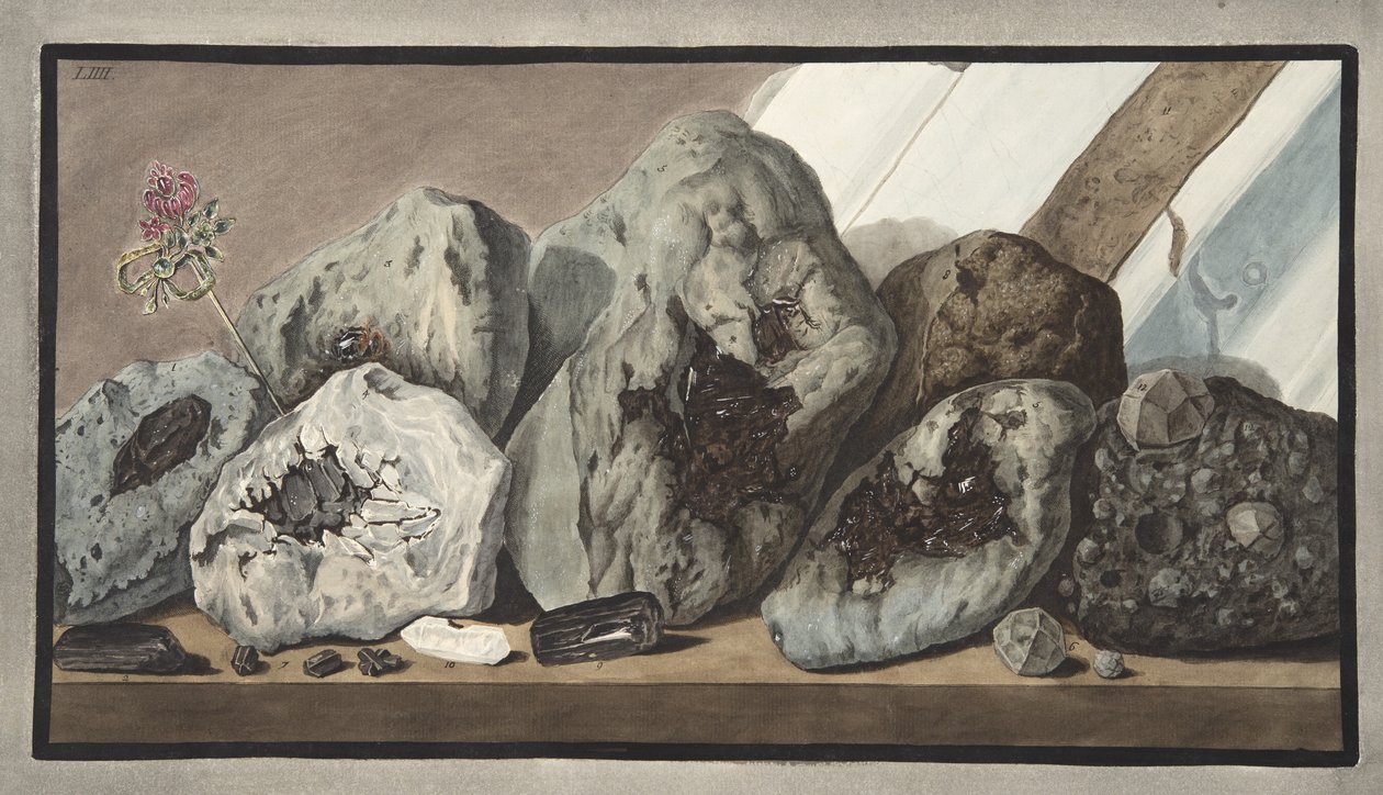 Krystalsten kaldet Gems of Mount Vesuvius, plade LIIIIII, fra "Campi Phlegraei: Observations on the Volcanoes of the Two Sicilies", af Sir William Hamilton (1730-1803), udgivet i 1776 (håndkoloreret). af Pietro Fabris