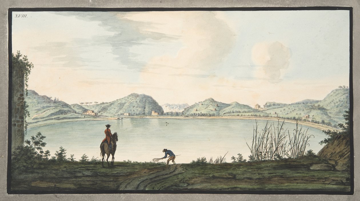 Agnano-søen, der tydeligvis er krateret af en gammel vulkan, planche XVIII, fra "Campi Phlegraei: Observations on the Volcanoes of the Two Sicilies", af Sir William Hamilton (1730-1803), udgivet 1 af Pietro Fabris