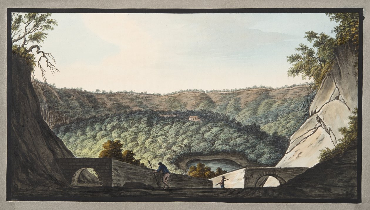 Udsigt ind i Astruni-krateret taget fra det sted, der er vist på planche XIX; planche XX, fra "Campi Phlegraei": Observations on the Volanoes of the Two Sicilies", af Sir William Hamilton (1730-1803), af Pietro Fabris