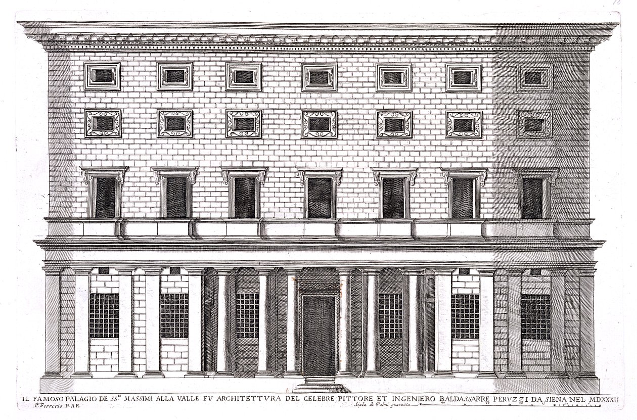 Udsigt over facaden af ​​Palazzo Massimi alla Valle, Rom designet af Baldassarre Peruzzi (1481-1536) i 1532 af Pietro Ferrerio
