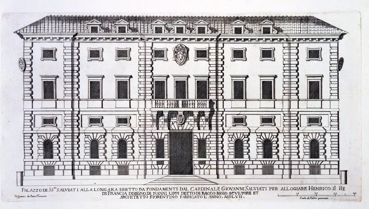 Udsigt over facaden på Palazzo Salviati i Rom, bestilt af kardinal Giovanni Salviati til at huse Henrik, konge af Frankrig, og designet af Nanni di Baccio Bigio (d.c.1568) i 1557 af Pietro Ferrerio