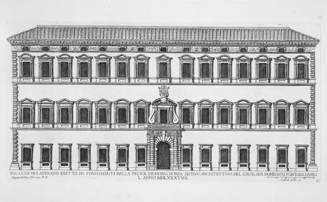 Udsigt over facaden af Lateranpaladset, Rom, bestilt af pave Sixtus V og designet af Domenico Fontana (1543-1607) i 1589 af Pietro Ferrerio
