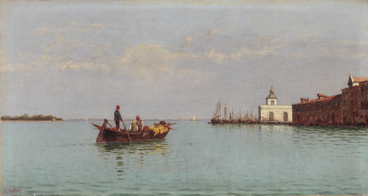 Udsigt over Punta della Dogana med en gondol i forgrunden af Pietro Galter