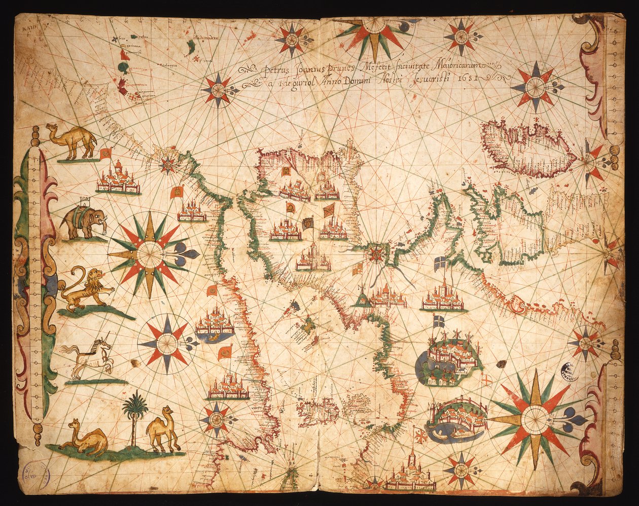 Europas Atlanterhavskyster og det vestlige Middelhav, fra et nautisk atlas, 1651 (blæk på vellum) (se også 330920-330921) af Pietro Giovanni Prunes