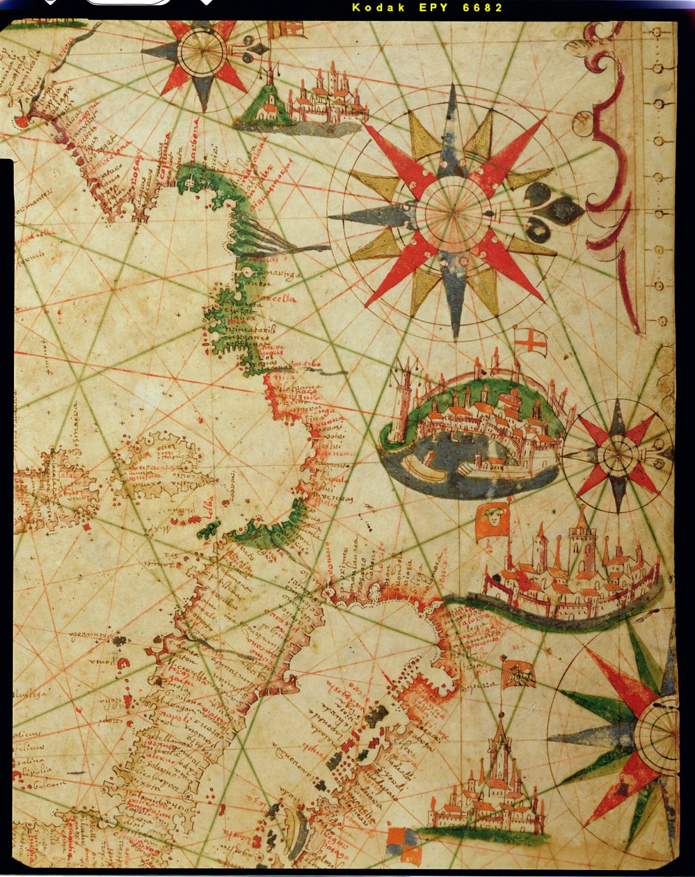 Sydkysten af Frankrig, Italien og Dalmatien, fra et nautisk atlas, 1651 (blæk på pergament) (detalje fra 330924) af Pietro Giovanni Prunes