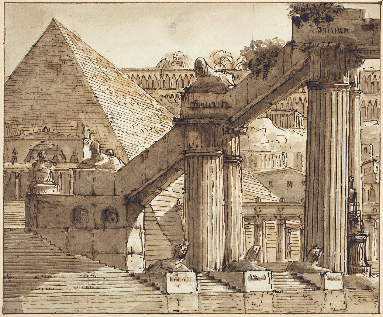 Egyptisk scenedesign, 1800-10 (pen og brunt blæk med brun vask over grafit på lagt papir) af Pietro Gonzaga