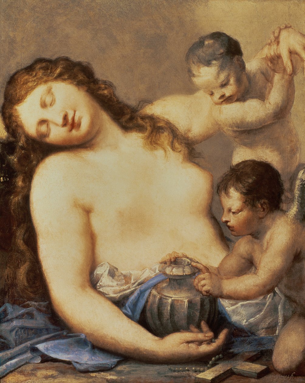 Angrende Maria Magdalene med putti af Pietro Liberi