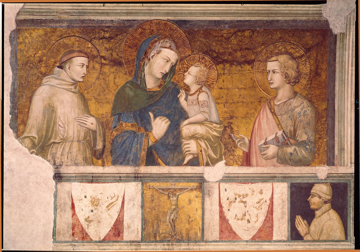 Jomfru og Barn med St. Frans og St. Johannes Evangelisten af Pietro Lorenzetti