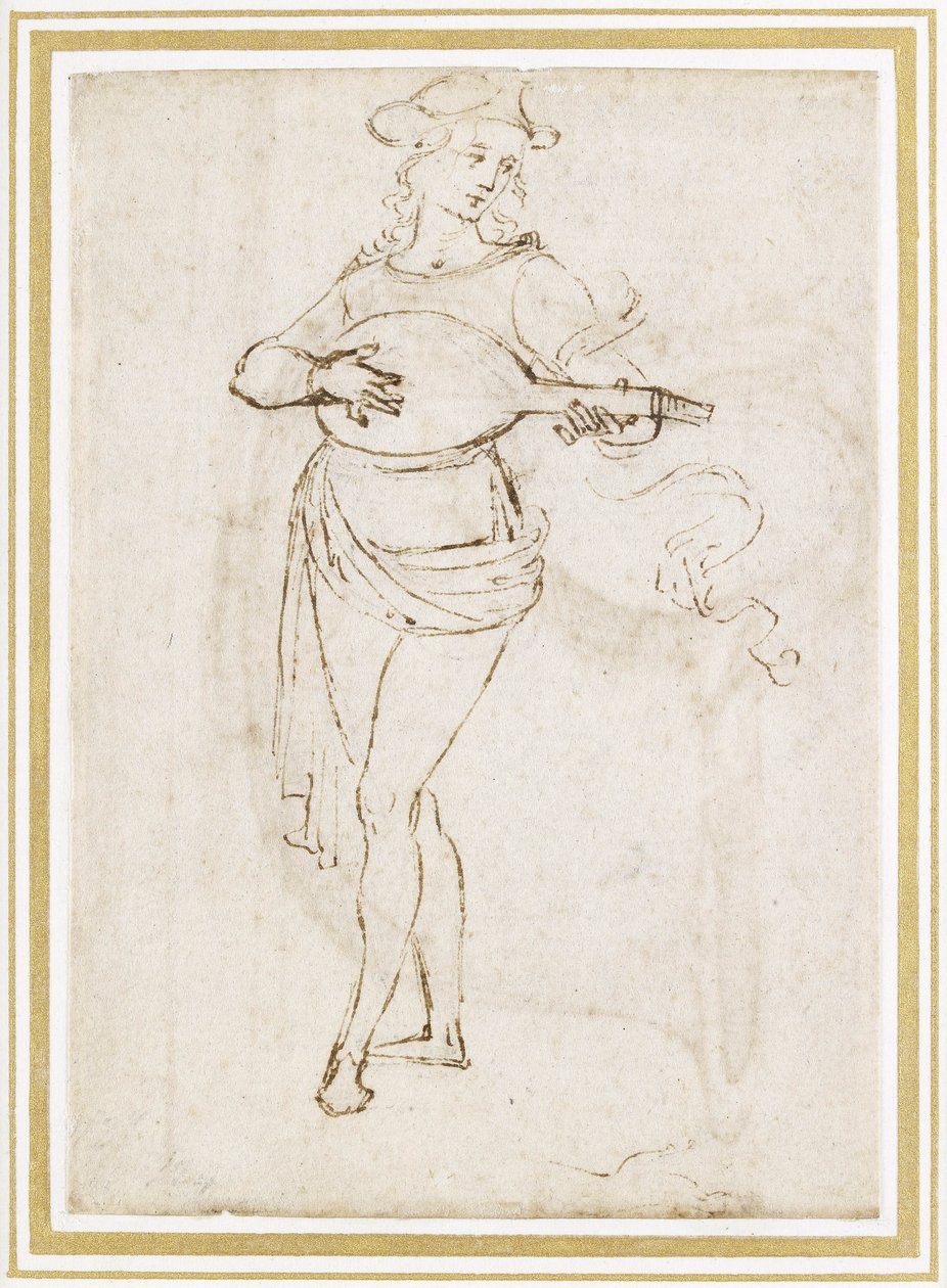 A Lute Player (pen og mørkebrunt blæk over sort kridt på råhvidt papir) af Pietro Perugino