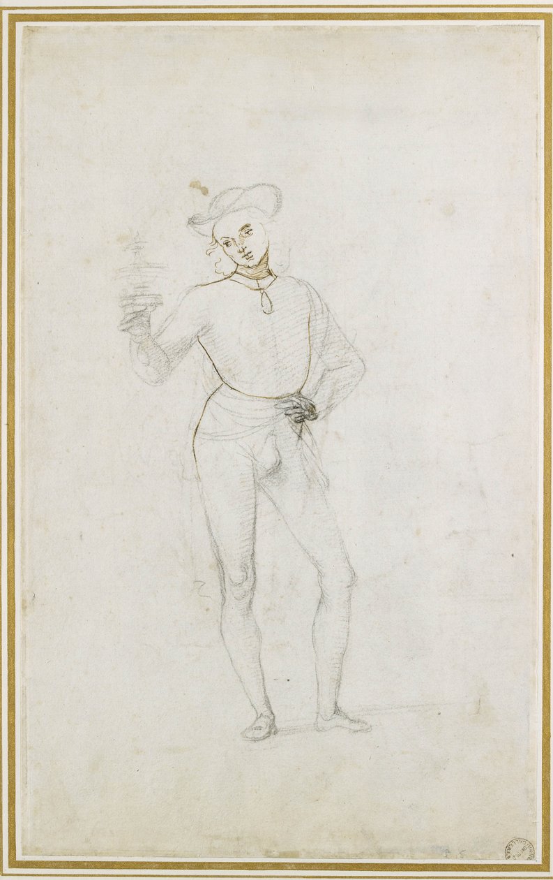 En undersøgelse af en figur i en tilbedelse af magi (sort kridt med pen og brunt blæk på hvidt papir) af Pietro Perugino