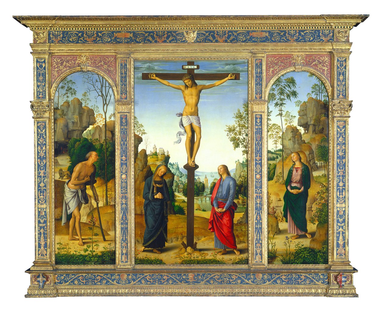 Korsfæstelse med Mary og Saint John Evangelist og Saint Mary Magdalene (til højre) af Pietro Perugino