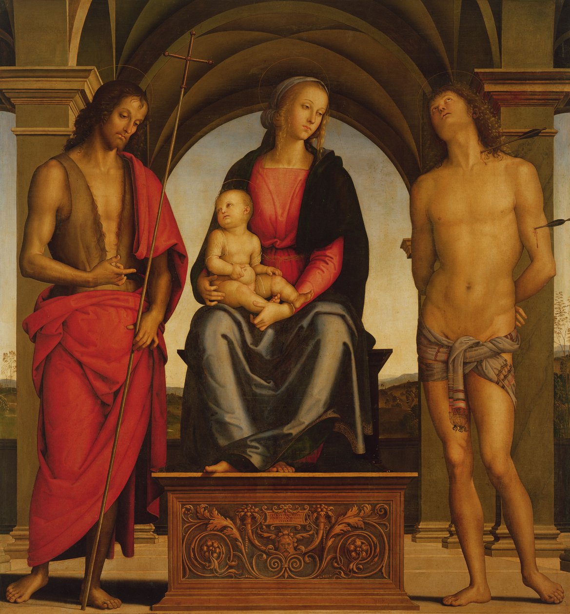 Madonna og barn tronede mellem Johannes Døberen og Sankt Sebastian, 1493 af Pietro Perugino