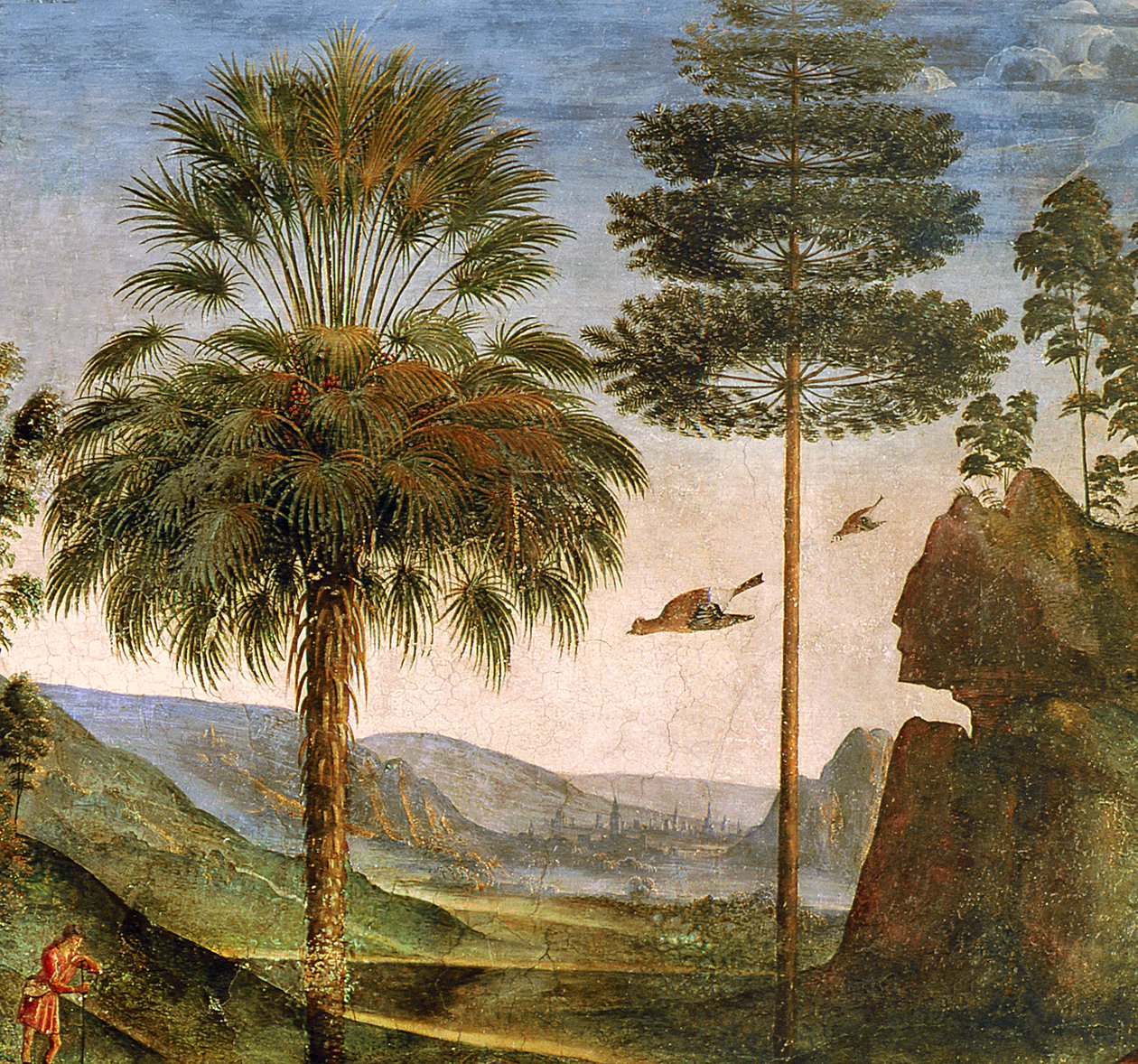 Mand lænet på en stav, flyvende fugle, træer, klipper, en sø og en fjern by med tårne, detalje fra "Moses