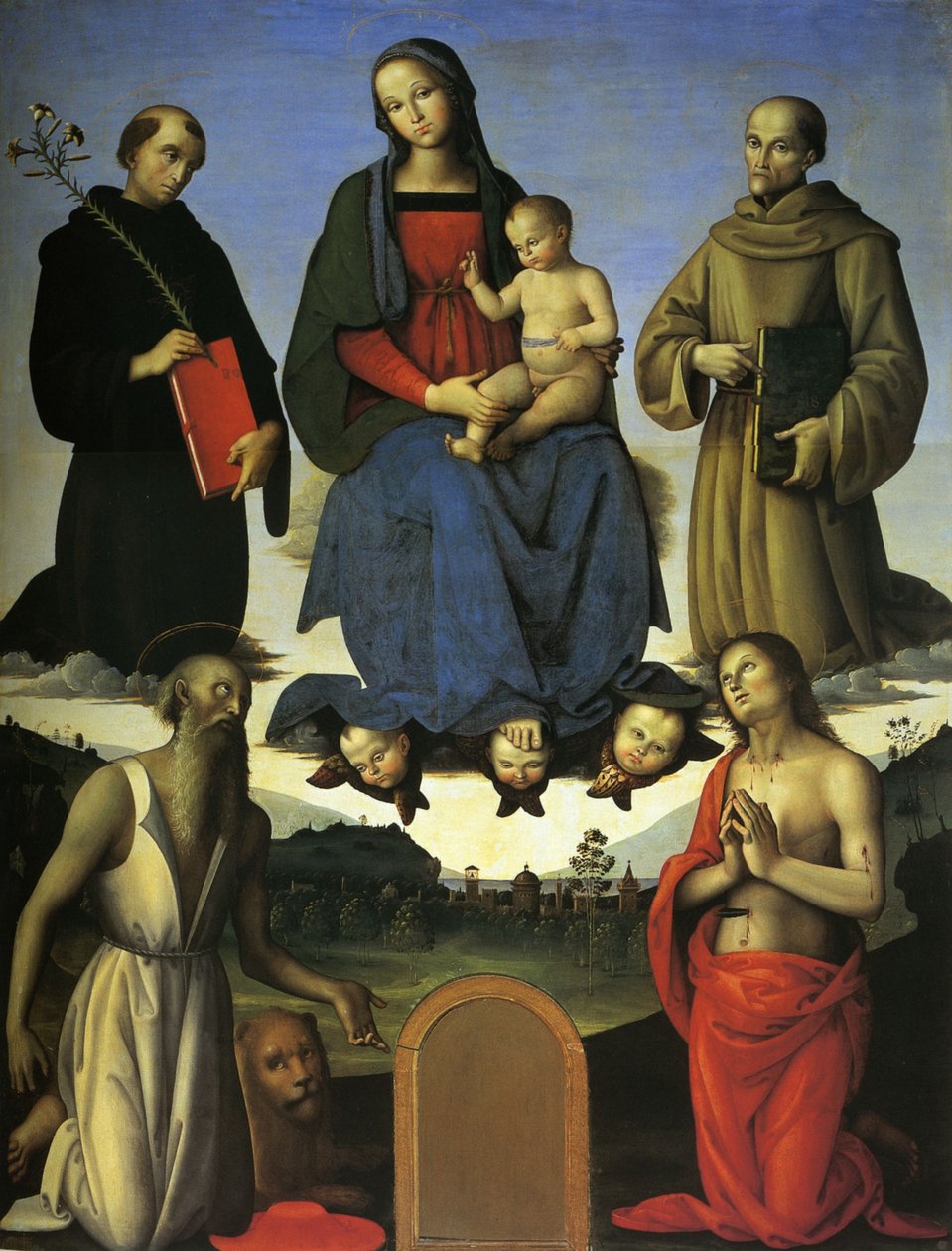 Altertavle Tezi (Jomfru og barn, Sankt Nikolaus af Tolentino og Sankt Bernardino af Siena) af Pietro Perugino