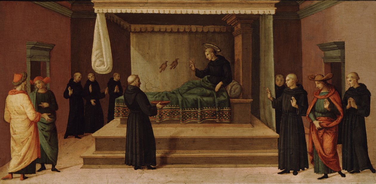 Skt. Nicholas af Tolentino genopretter to agerhøns til live, ca. 1500-30 (tempera på træpanel) af Pietro Perugino