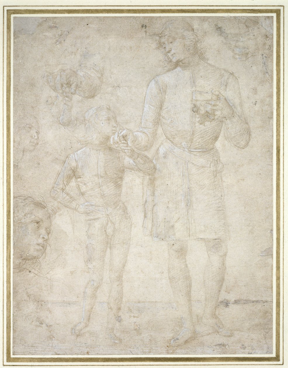Studier for Tobias og englen (sølvspids, forstærket med hvid kropsfarve (oxideret) på et blegt cremefarvet papir) af Pietro Perugino