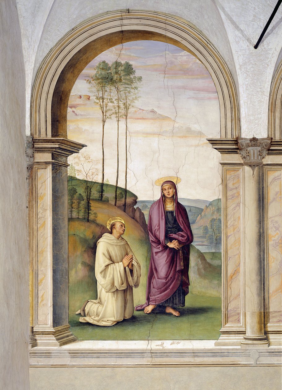 Korsfæstelsen, detalje af Sankt Bernhard og Maria Magdalena, 1494-96 freskodetalje af 230578 af Pietro Perugino
