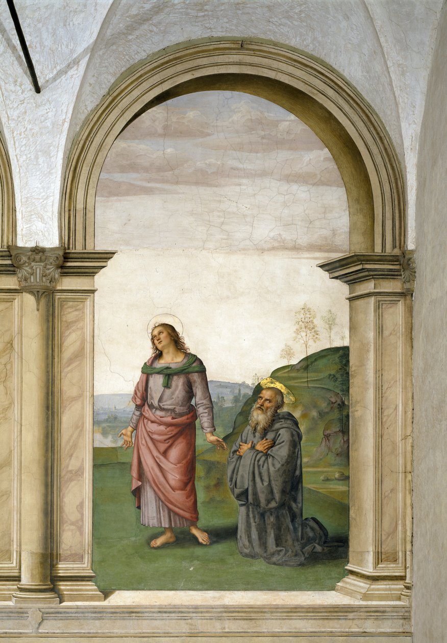 Korsfæstelsen, detalje af Johannes evangelisten og Skt. Benedikte, 1494-96 freskodetalje af 230578 af Pietro Perugino
