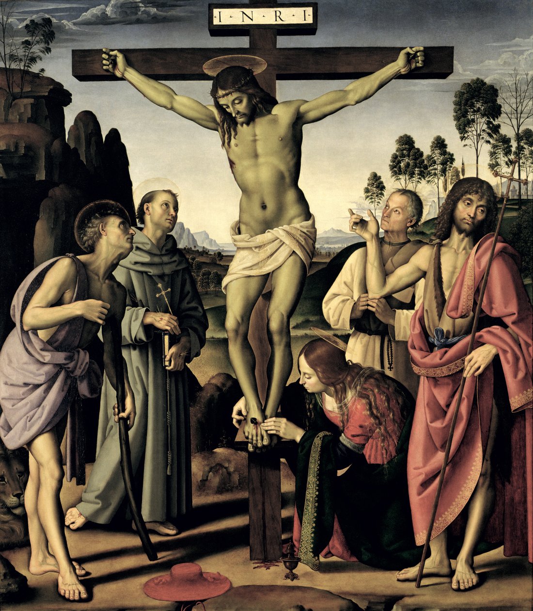 Korsfæstelsen med de hellige Hieronymus, Frans, Maria Magdalene, Johannes Døberen og den velsignede Giovanni Colombini, ca. 1480-1500 af Pietro Perugino