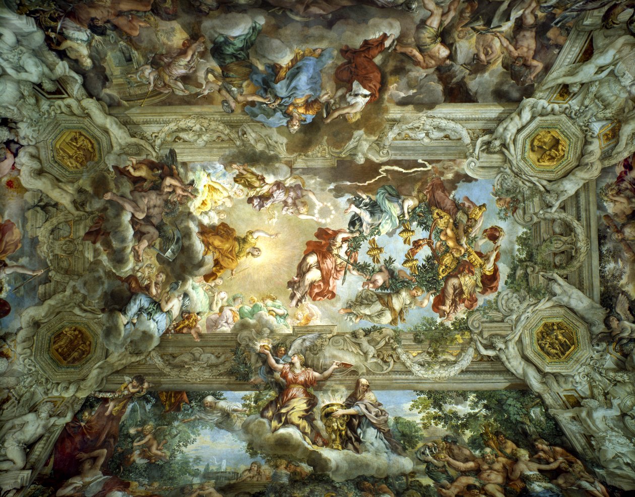 Allegori om det guddommelige forsyn og Barberini-magten, loftet i salen i Palazzo Barberini, Rom, Italien, 1633-39 af Pietro da Cortona