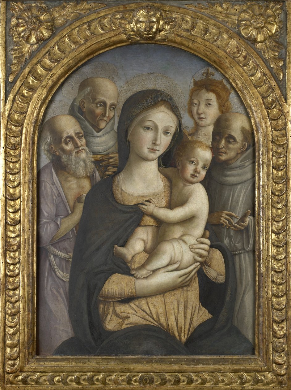Jomfruen og Barnet med SS. Jerome, Bernardino af Siena, Katarina af Alexandria og Frans, 1400-tallet af Pietro di Francesco degli Orioli