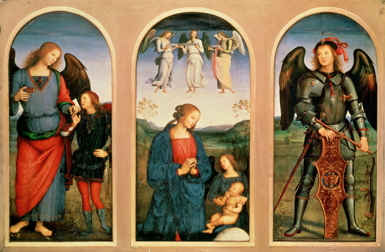 Jomfruen med engle, venstre og højre ærkeengel Raphael med den unge Tobias og fisken og Raphael ... (maleri på lærred) af Pietro (after) Perugino