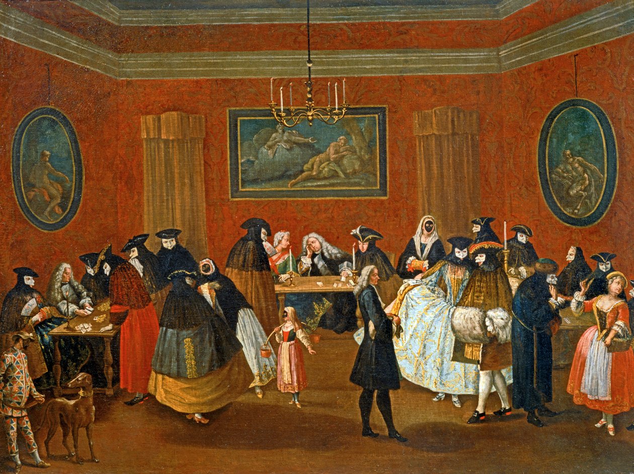 Ridotto: maskeradescene ... (maleri på lærred) af Pietro (circle of) Longhi