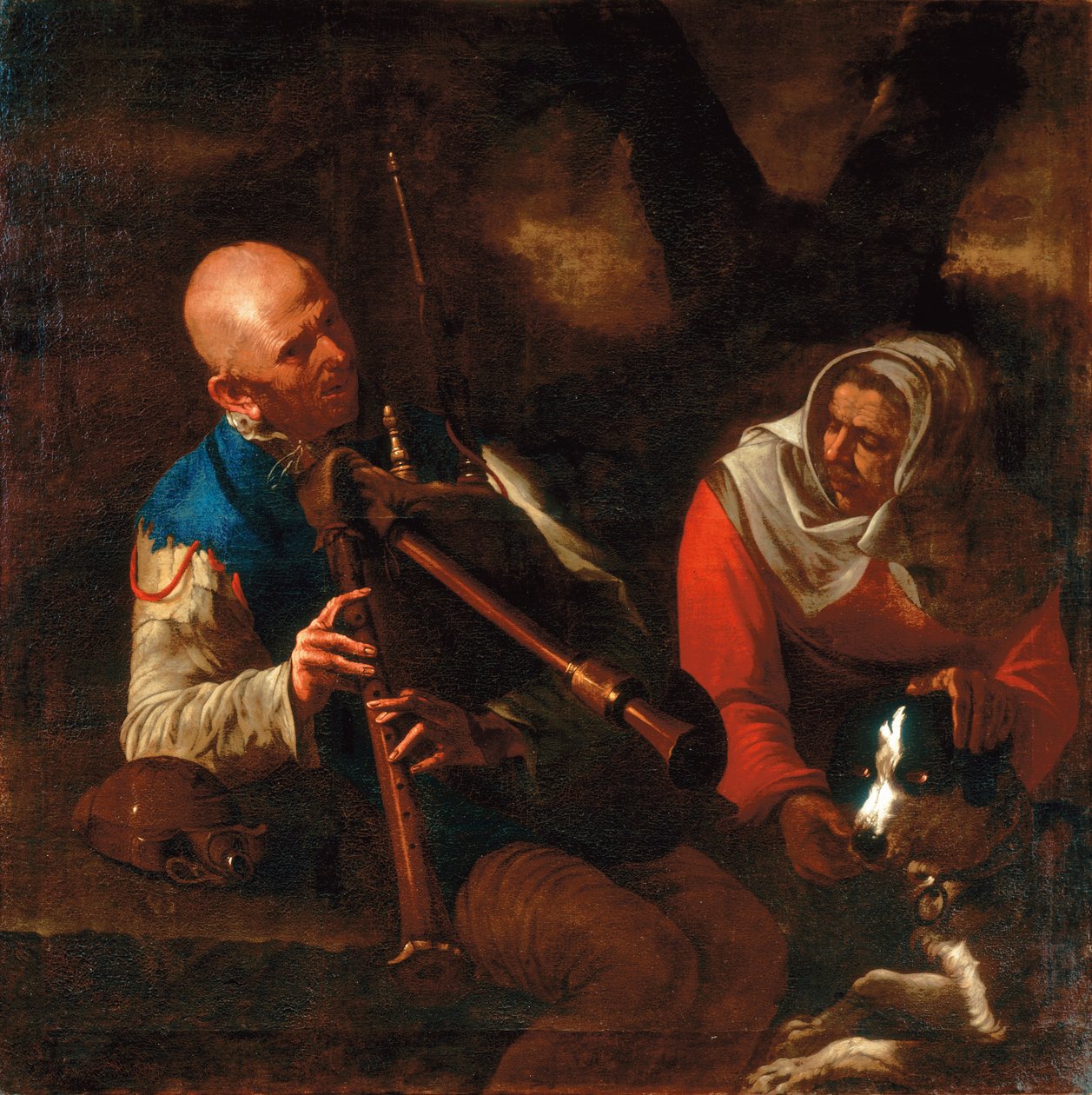 En bonde, der spiller sækkepibe, og en gammel kvinde lytter med en hund (olie på lærred) af Pietro (circle of) Paolini