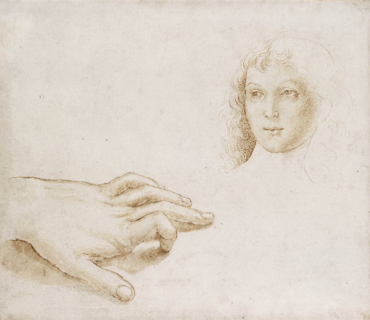 Studier af et hoved og en hånd (pen og pensel i lysebrunt blæk over metalpoint på hvidt papir) af Pietro (circle of) Perugino