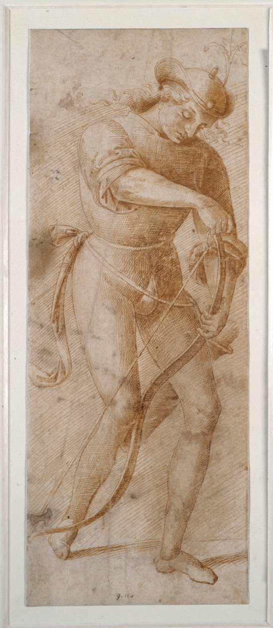 En ung mand snor sin sløjfe (pen og brunt blæk på hvidt papir) af Pietro (follower of) Perugino
