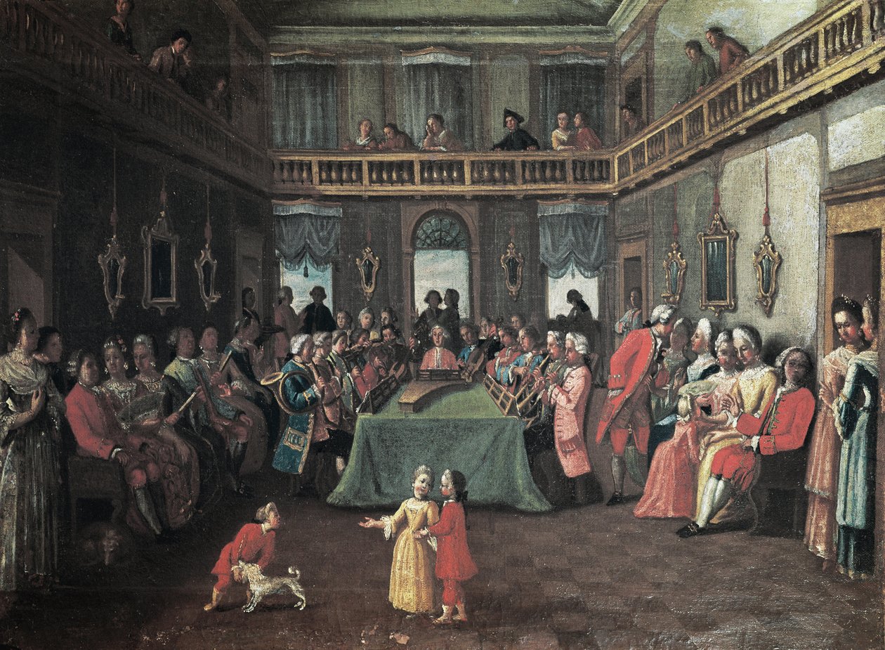Koncert i et privat hus - Privat koncert i et hus. Maleri af Pietro Longhis skole af Pietro (school of) Longhi
