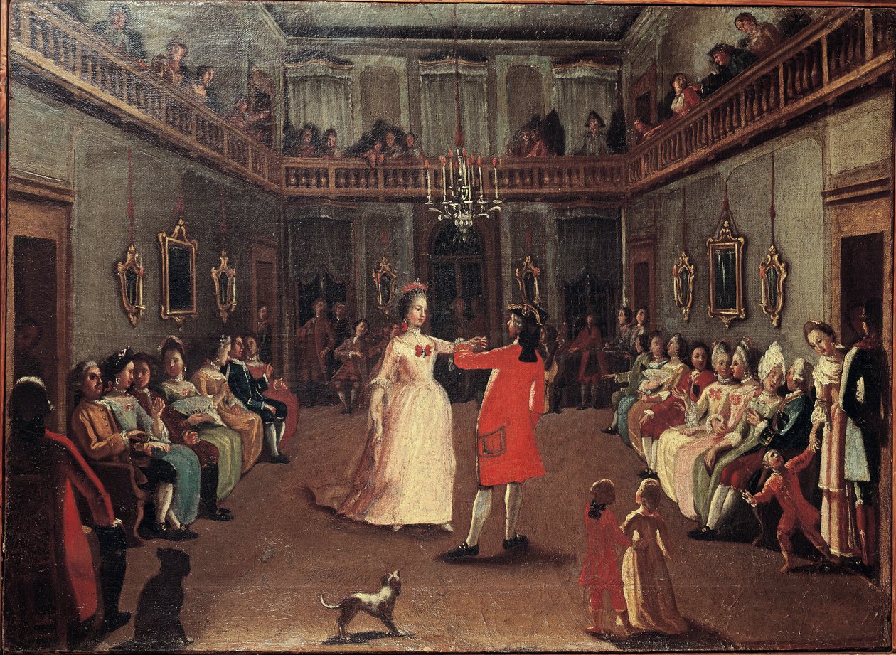 Åbning af bolden - Åbningen af bolden. Maleri af Pietro Longhis skole (1702-1785) af Pietro (school of) Longhi