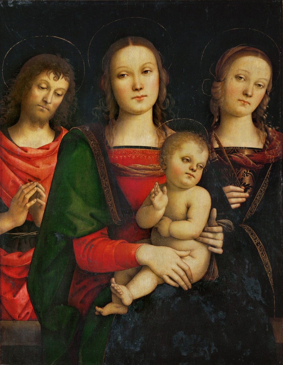 Madonna med barn, omgivet af Sankt Johannes Døber og Sankt Katarina ... af Pietro (studio of) Perugino